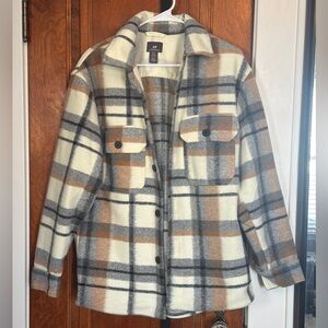 H&M Thick Women's Oversized Utility Jacket - Cream, Gray, and Brown Plaid